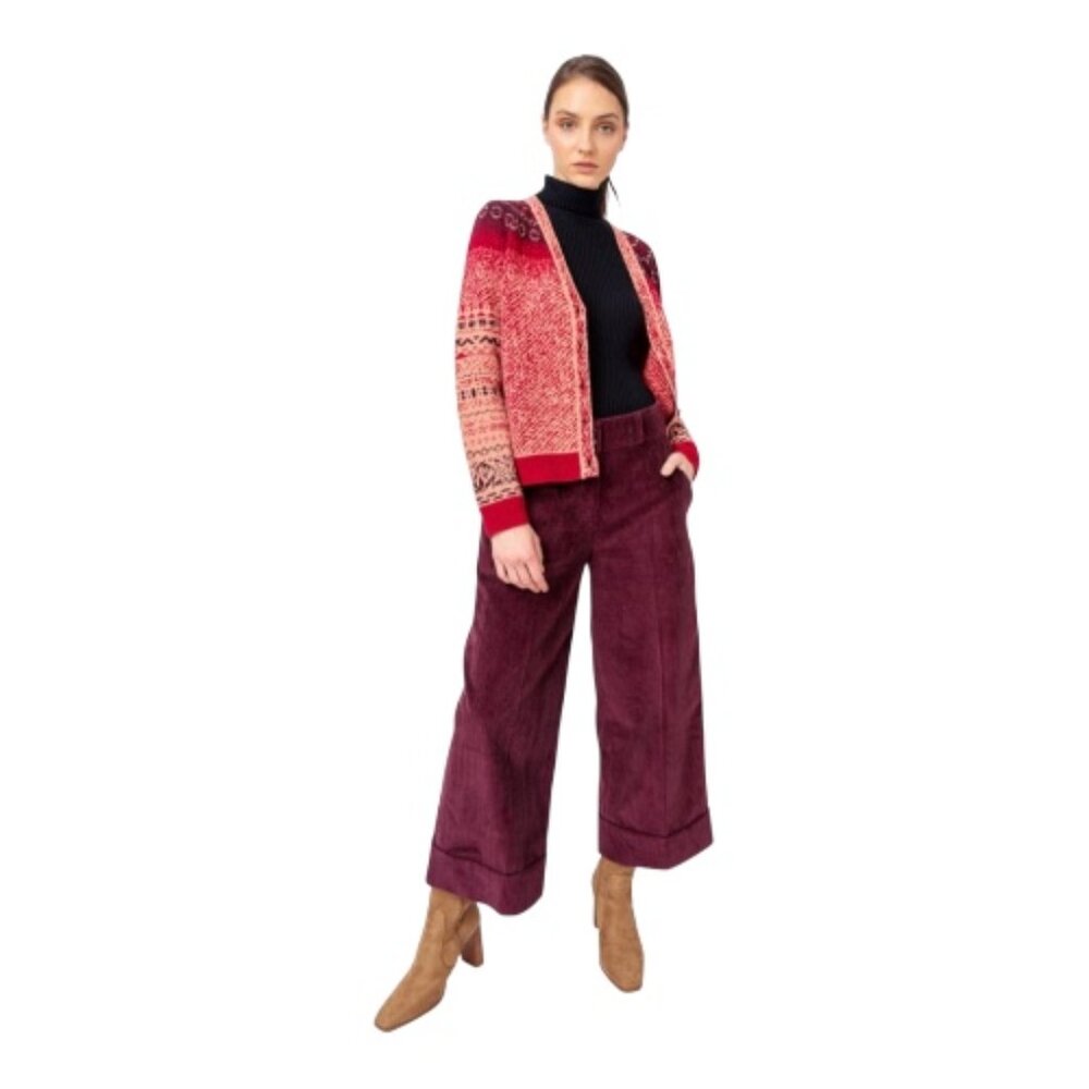 IVKO Large XL Rosewood Nordica Fair Isle Button Front Wool Cardigan